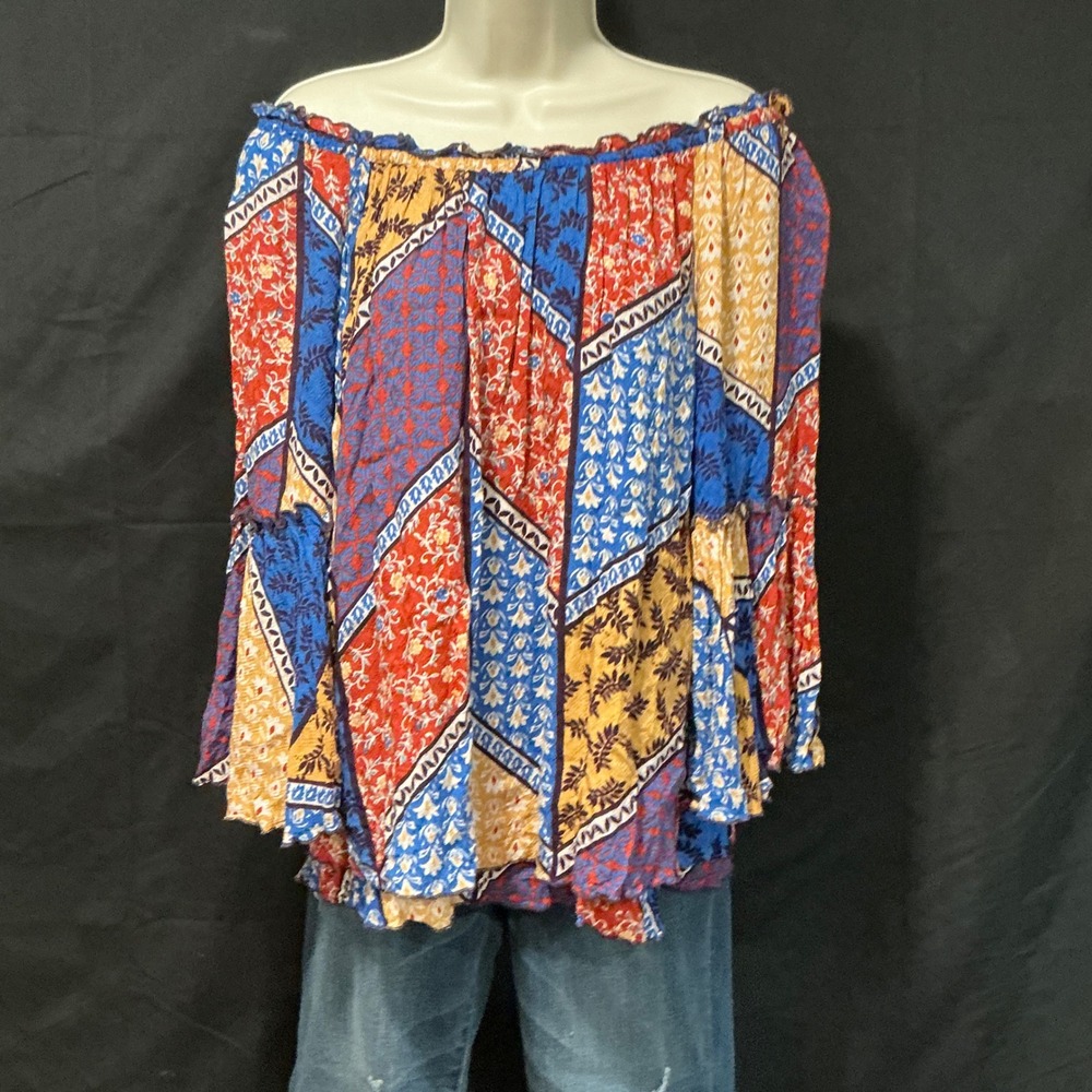 Democracy Blouse Off The Shoulder Small‎ Multicolor Patchwork Bell Sleeve Boho
